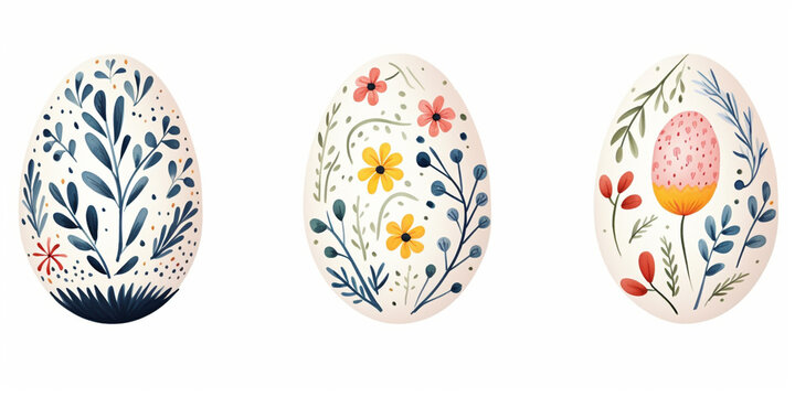Happy Easter Egg Card. Decorated Eggs with Spring Flowers. Naive Folk Art Watercolour Illustration on White Background.