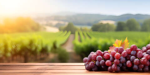 Grape Harvest Season Image Wooden table with fresh red grapes and free space on nature blurred background, vineyard field Landscape decorationon a wooden table and a plantation Ai Generative