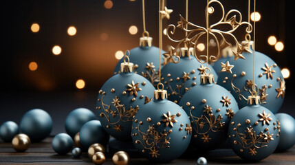 Christmas greeting card mockup. Elegant Xmas gifts and golden decorations on blue background.
