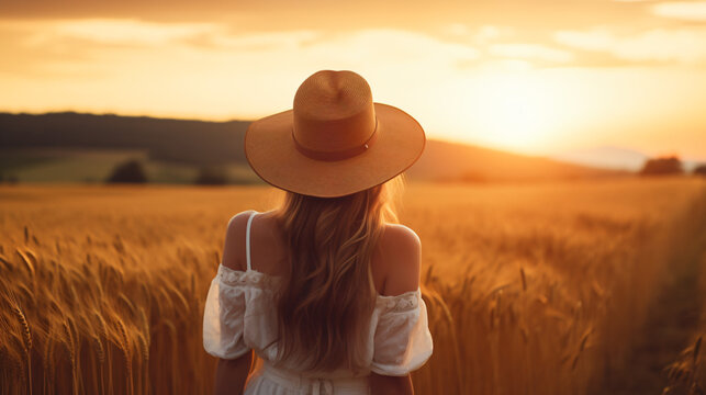 Young woman in a hat on the field at sunset back view