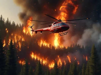 Fototapeten Fire department helicopter extinguishes forest fire © mizina