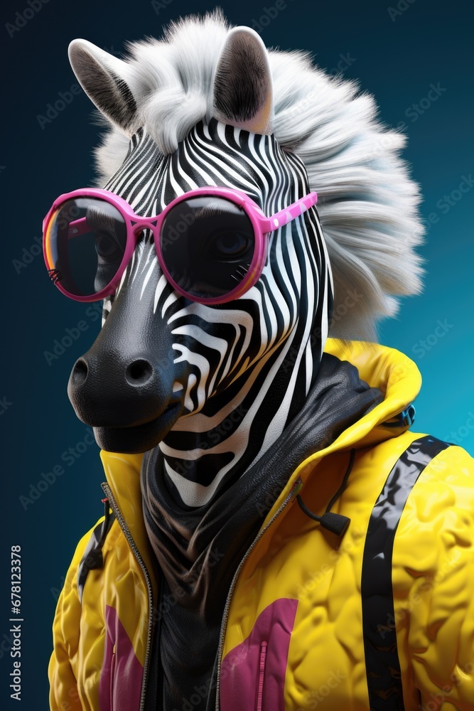 Poster a zebra sporting stylish sunglasses and a vibrant yellow jacket. this image can be used to add a tou