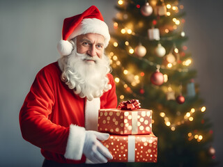 Santa claus with a present gift box in the room with christmas tree background