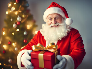 Santa claus with a present gift box in the room with christmas tree background