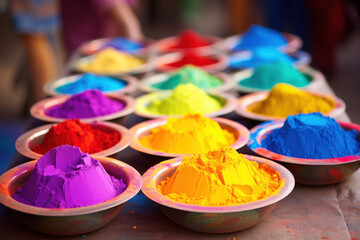 colorful traditional holi powder in bowls on dark background, happy holi, concept Indian color festival called Holi