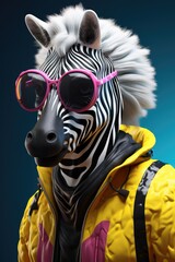 A zebra sporting stylish sunglasses and a vibrant yellow jacket. This image can be used to add a touch of fun and fashion to any project