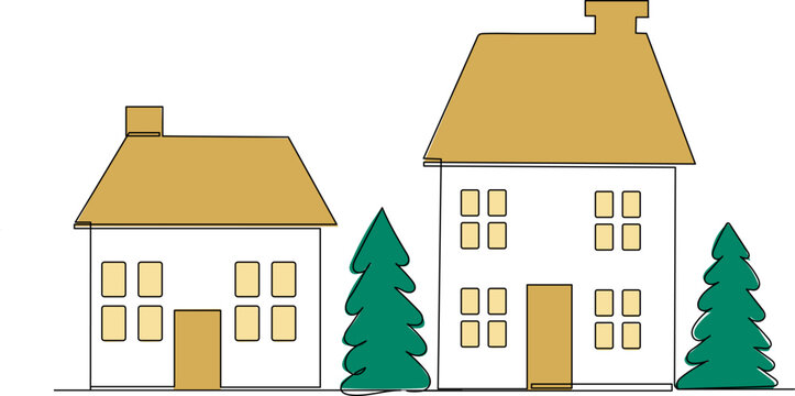 house with fir trees continuous line drawing on white background vector
