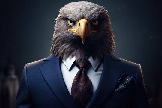 A bald eagle dressed in a suit and tie, portraying a formal and professional look. This image can be used to represent patriotism, corporate success, or as a symbol of power and authority