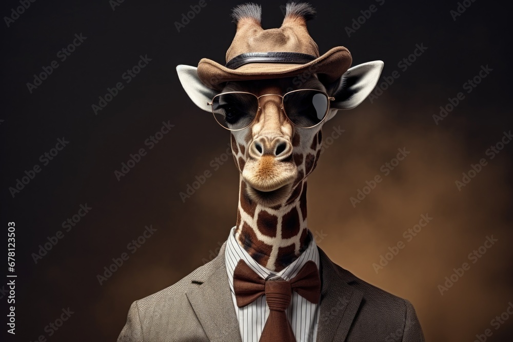 Aufkleber A picture of a giraffe dressed in a suit and wearing a hat. Perfect for adding a touch of whimsy and fun to any project or design