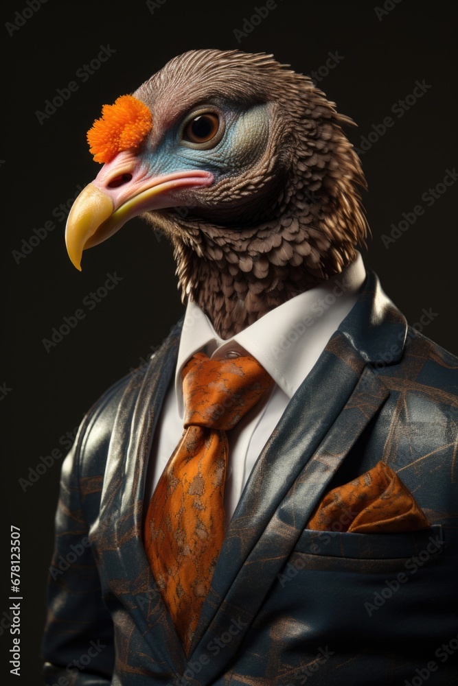 Poster a close-up image of a bird dressed in a suit and tie. this picture can be used to depict professiona