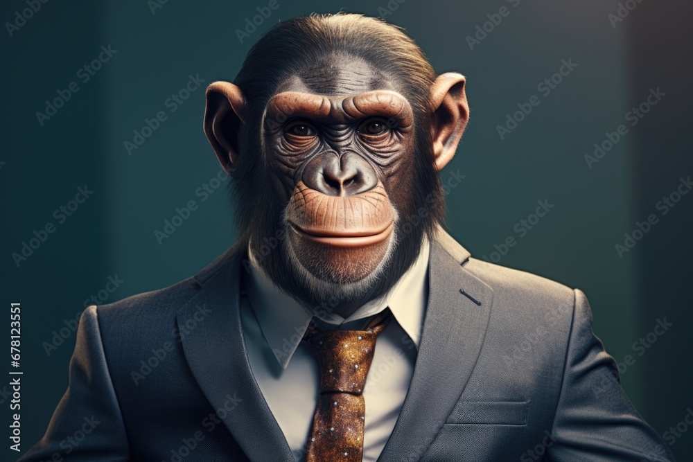 Poster a picture of a man dressed in a suit and tie, but with a monkey head. this image can be used to repr