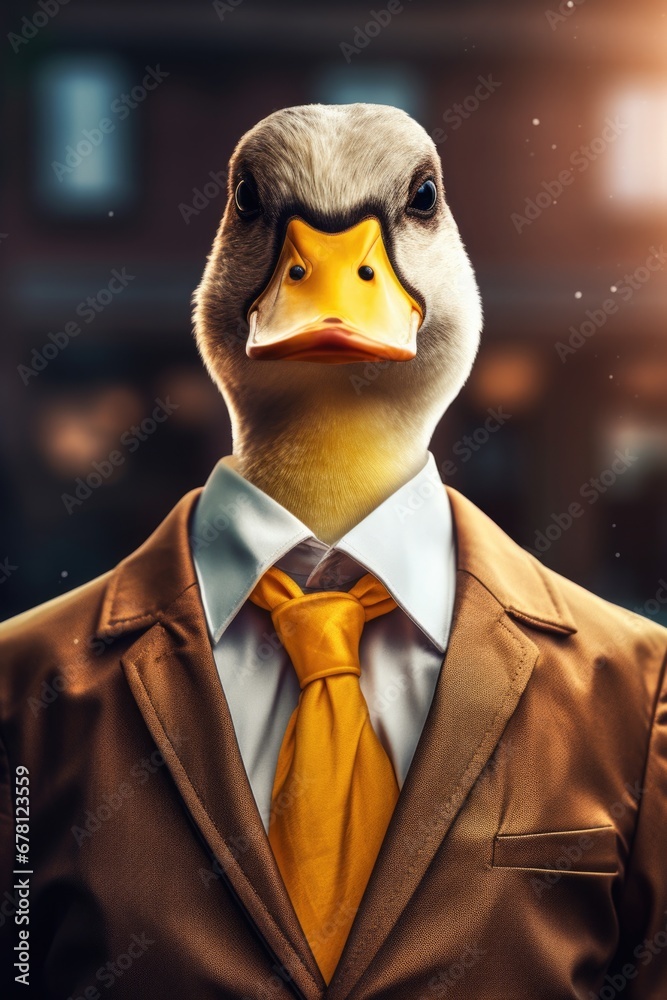 Poster a picture of a duck dressed in a suit and tie standing in front of a building. this image can be use