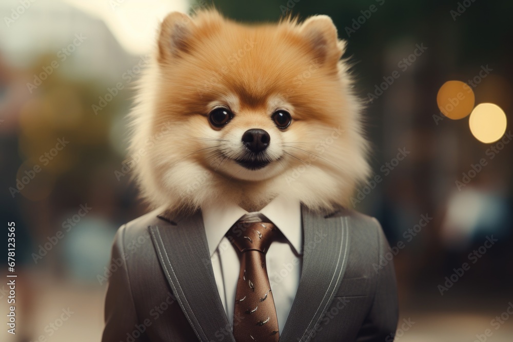 Poster a picture of a small dog dressed in a suit and tie. this image can be used to depict a formal or pro