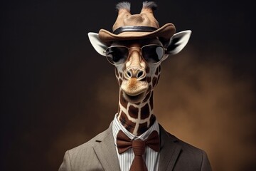 Naklejki  A picture of a giraffe dressed in a suit and wearing a hat. Perfect for adding a touch of whimsy and fun to any project or design