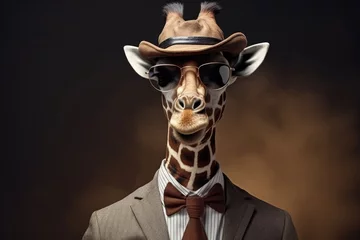 Rolgordijnen A picture of a giraffe dressed in a suit and wearing a hat. Perfect for adding a touch of whimsy and fun to any project or design © Fotograf