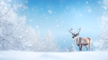 Reindeer With their antlers, a snowy background, snow, snowflake, bokeh light, winter-themed background, web banner design, copy space, AI generative