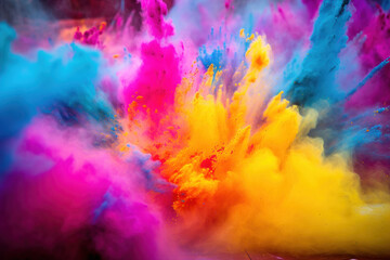 Vibrant holi color powder, dynamic splashes, explosive eruptions, vivid spots, festive celebration