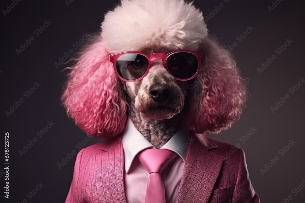 Poster a poodle dressed in a stylish pink suit and sunglasses. this fun and fashionable image can be used t