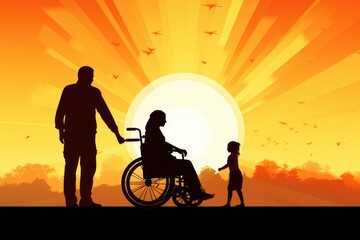 Fototapeta premium A man pushing a woman in a wheelchair. Suitable for depicting caregiving, disability, support, and mobility.