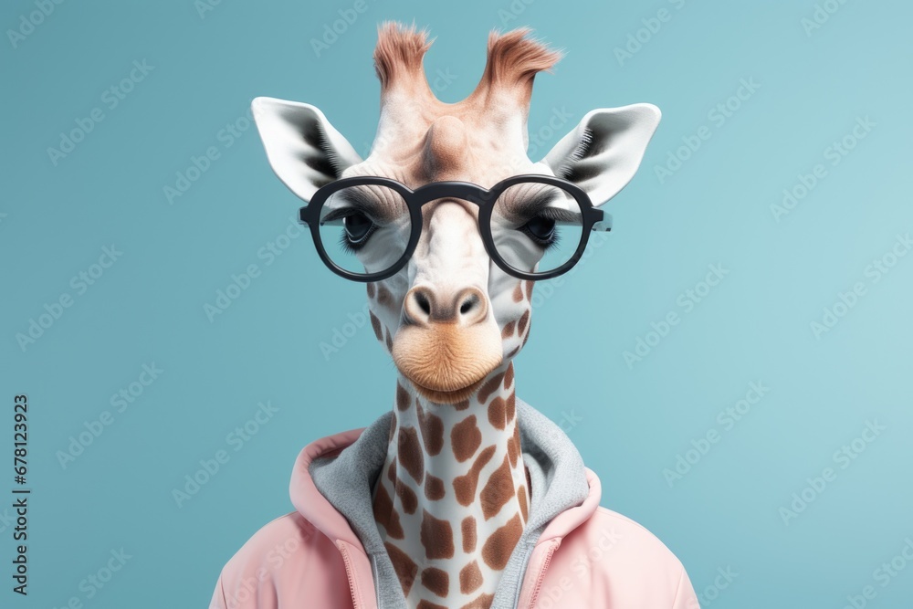 Poster A giraffe dressed in a pink hoodie and wearing glasses. This playful image can be used to add a touch of fun and whimsy to various projects.