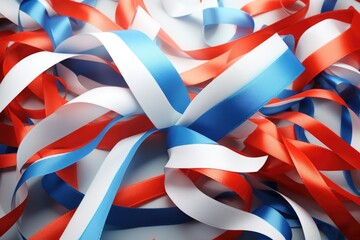 A pile of red, white, and blue ribbons. Perfect for adding a festive touch to any celebration or event.