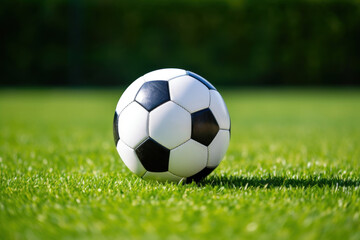 Fototapeta premium soccer ball on a well-kept green grass lawn football field
