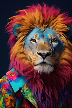 A close-up photograph of a lion wearing a vibrant and colorful shirt. This image can be used to add a playful touch to various design projects.