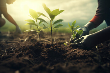 A close-up of hands planting a young tree in rich soil, emphasizing the importance of reforestation and environmental conservation - obrazy, fototapety, plakaty