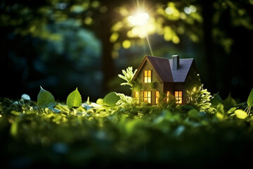 miniature house on lawn, a green leaf around it