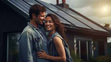 couple with solar panels at the back yard of their house while looking into the sun