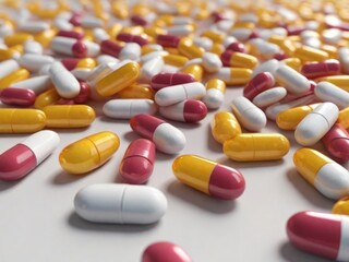 multi-colored pills on a white background, medicine, science, production of medicinal products