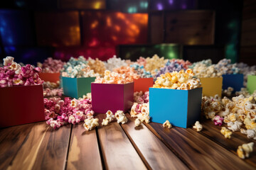 Сolorful paper boxes filled with assorted colorful popcorn yellow, orange, pink, blue, green against wooden background. National Popcorn Day.