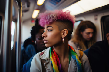 Obraz premium Beautiful african american woman with pink hair in train.