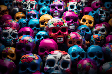 Colorful Mexican sugar skulls background. Toned image. Selective focus.