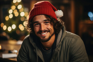 Portrait of a young man in a Christmas hat on a background of a Christmas tree.
