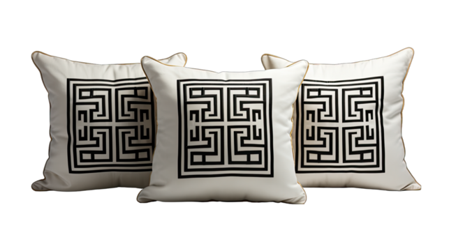 Greek Key Pattern Pillows in Black and Gold Isolated on Transparent or White Background, PNG