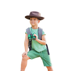 funny little tourist boy with binoculars