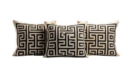 Set of Greek Key Pattern Pillows in Black and Gold on White Isolated on Transparent or White Background, PNG