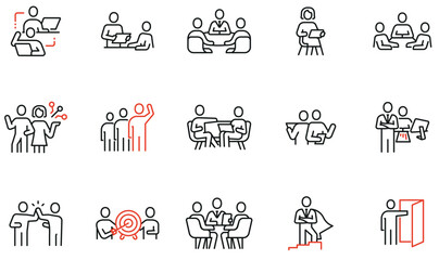 Vector set of linear icons related to human resource management, relationship, business leadership, teamwork, cooperation and personal development. Infographics design element - part 13