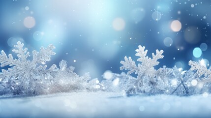 Obraz na płótnie Canvas Snowflakes Falling, Bokeh Background, White Snow on Blue Background, Christmas Theme, Christmas Background, Copy Space, Christmas Ornaments