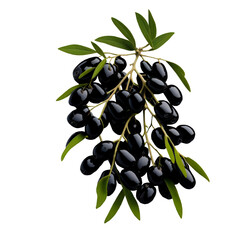 Branch with fruits of black olives on a transparent background png 3g rendering - obrazy, fototapety, plakaty