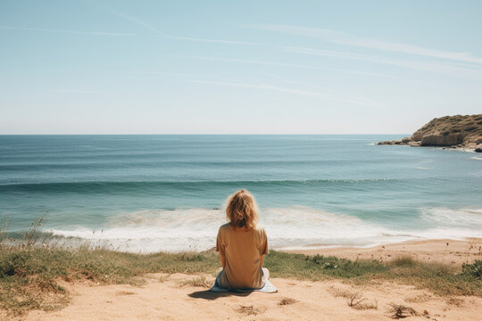 Rear view of lonely pensive adult woman sitting alone on seashore on sunny day looking at sea, copy space, aesthetic look