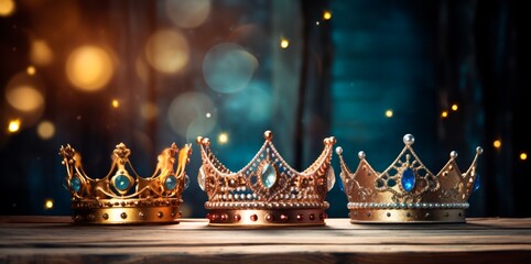 Three golden crowns on blured background. Christmas Three Kings day The Three Wise Men, or Epiphany day holiday celebration night, bokeh wallpaper banner - obrazy, fototapety, plakaty