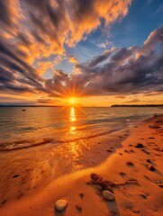 Fototapeta na wymiar Golden sundown on the beach with lots of sun rays in the dramatic sky