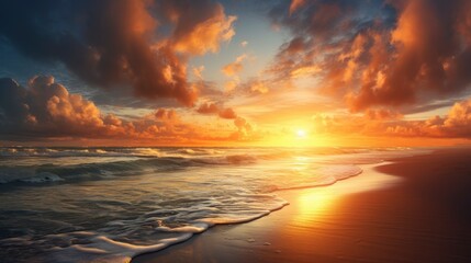 Obraz premium Golden sundown on the beach with lots of sun rays in the dramatic sky