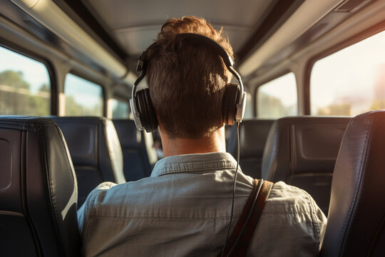 Rear view of male tourist in headphones listening music during trip on travel bus, soft light photography