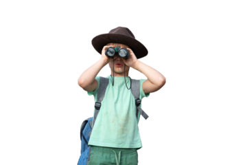 funny little tourist boy with binoculars