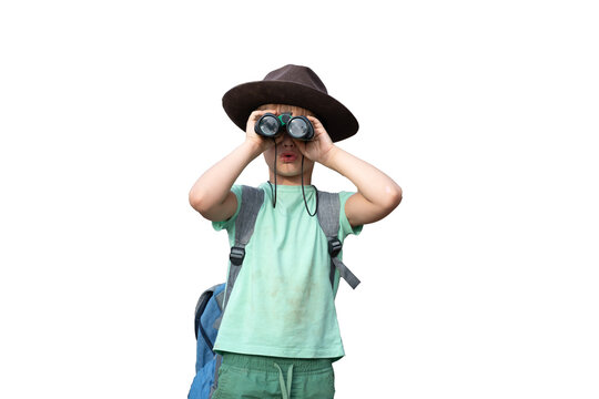 funny little tourist boy with binoculars