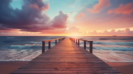 Tuinposter Wooden pier on the beach at sunset © Mishab