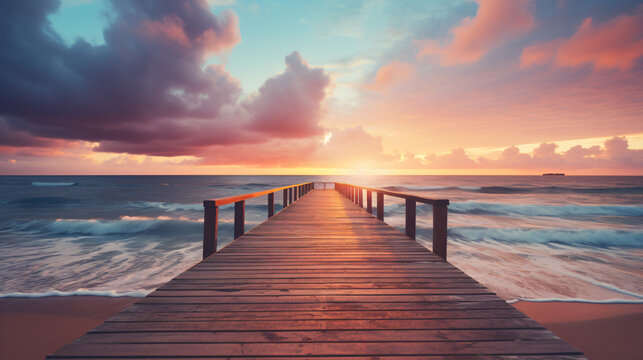 Wooden pier on the beach at sunset